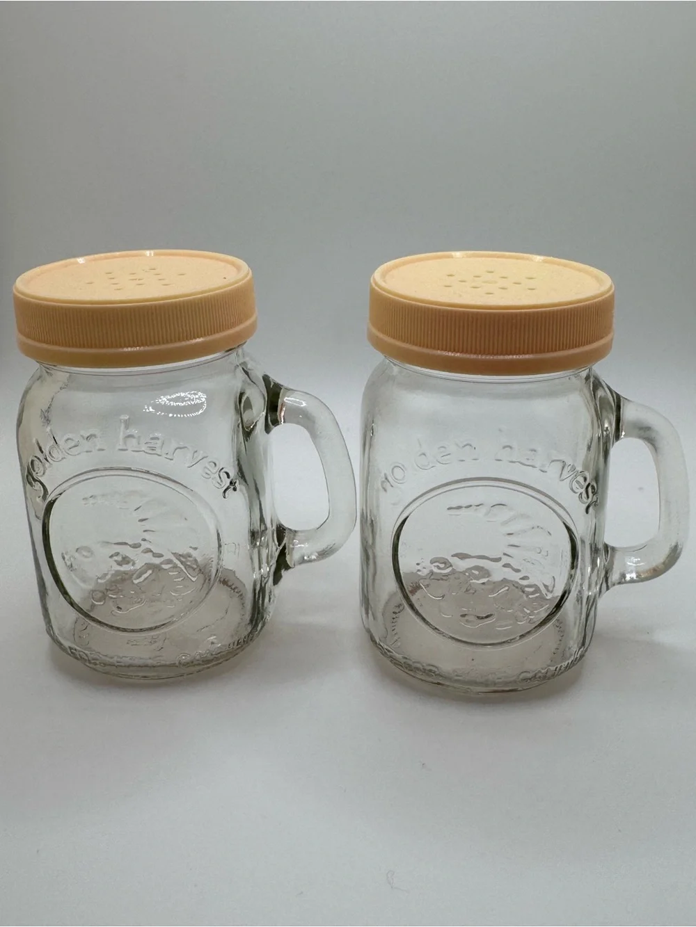 Clear Glass Mason Mug Salt & Pepper Set with Beige Spice Lids